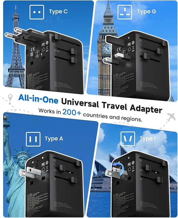 DOACE Travel Adapter 70W GaN 3.0, European Travel Plug Adapter with Built-in USB-C Cable, 6 in 1 International Power Adapter USB-C PD Fast Charging for EU/UK/USA/AUS