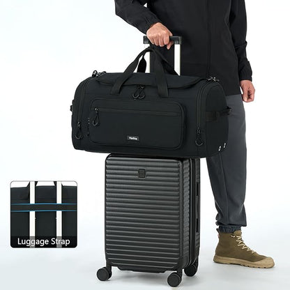 Large Travel Duffle Gym Bag with Shoe Compartment, Underseat Carry On Luggage Overnight Weekender Personal Item Workout Bags for Women Men (Black)