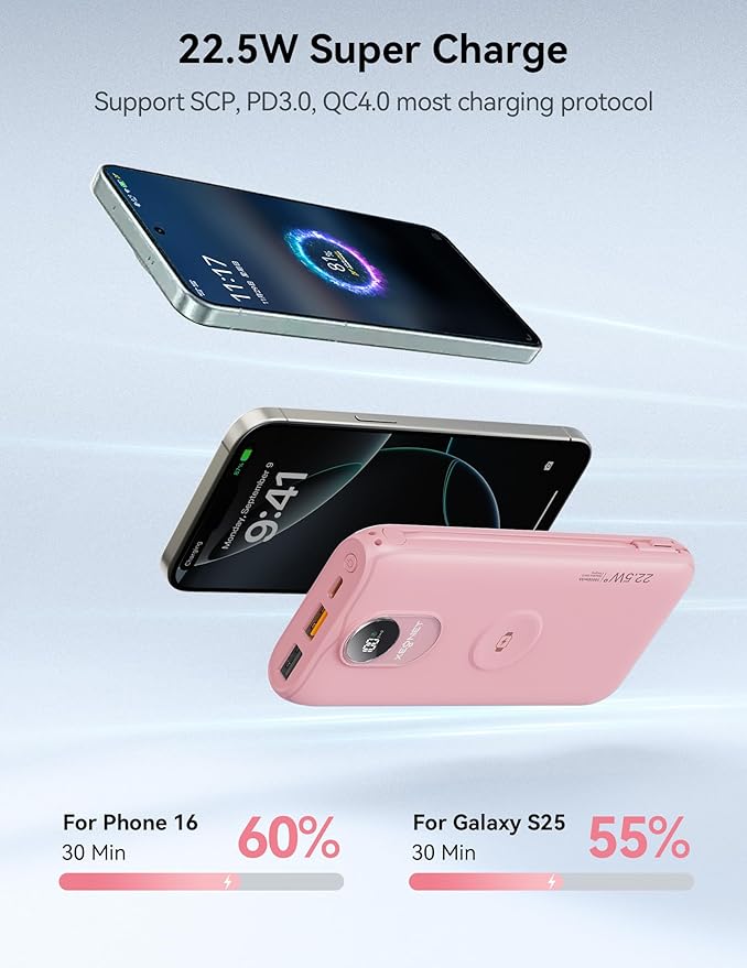 Portable Charger, 10000mAh 22.5W Fast Charging Power Bank with Built in Cable & Wall Plug, Travel Essential Battery Pack with LED Display, External Charger for iPhone, iWatch 11/10/9/8/Ultra/SE Pink