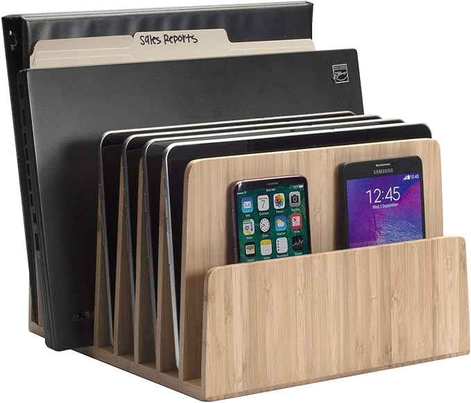 MobileVision Bamboo Device Organizer for Smartphones, Tablets and Laptops, 7 Slots With Extra Wide Slots for Laptops
