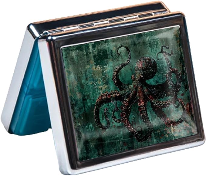 7 Days Chromed Shiny Silver Pill Organizer with Mirror Inside Has 8 Separate Compartments Rectangle,Versatile Storage for Medication - Ideal Travel Accessory (Special Octopus)