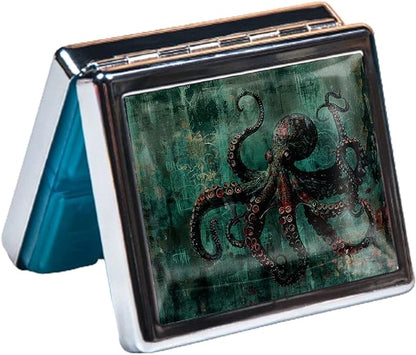 7 Days Chromed Shiny Silver Pill Organizer with Mirror Inside Has 8 Separate Compartments Rectangle,Versatile Storage for Medication - Ideal Travel Accessory (Special Octopus)