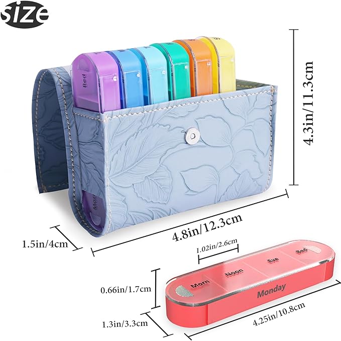 Pill Organizer,LIZIMANDU Weekly Travel Pill Case Box Medication Reminder Daily AM PM, Day Night 7 Compartments,for 4 Times A Day, 7 Days a Week-Includes Leather PU Carrying Case(1-Carved Blue4)