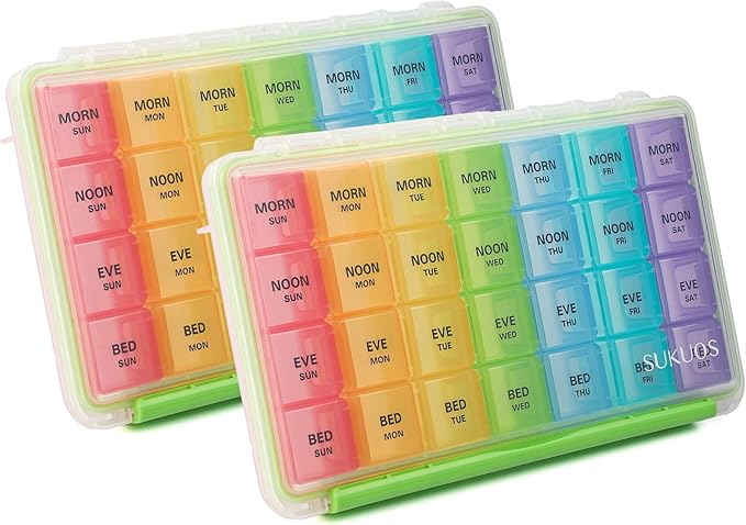 Sukuos Weekly Pill Organizer 7 Day 4 Times a Day 2 Pcs, Easy to Open Large Daily Pill Box, Moisture-Resistant Medicine Cases for Medication/Vitamin/Fish Oil/Supplements (Rainbow)