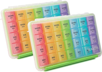 Sukuos Weekly Pill Organizer 7 Day 4 Times a Day 2 Pcs, Easy to Open Large Daily Pill Box, Moisture-Resistant Medicine Cases for Medication/Vitamin/Fish Oil/Supplements (Rainbow)