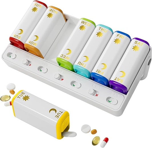Restree Weekly Pill Organizer Two Time a Day, 7 Day Travel Pill Box, Daily Medicine Organizer, AM&PM Portable Pill Case for Vitamins Fish Oil/Supplements Medication Reminder Design (White)