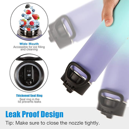 Volhoply 24oz Insulated Water Bottle With Straw Bulk 3 Pack,Metal Wide Mouth Water Bottles With Handle Keep Cold,Reusable Double Wall Cups,Powder Coated Sport Bottle For Holder(Purple Blue,3 Count)