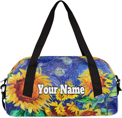 Custom Your Name Oil Painting Sunflower Personalized Text Gym Duffle Bag for Kids,Sports Bag for Teens Boys & Girls Small Waterproof Overnight Weekender Carry School Practice Travel Bag