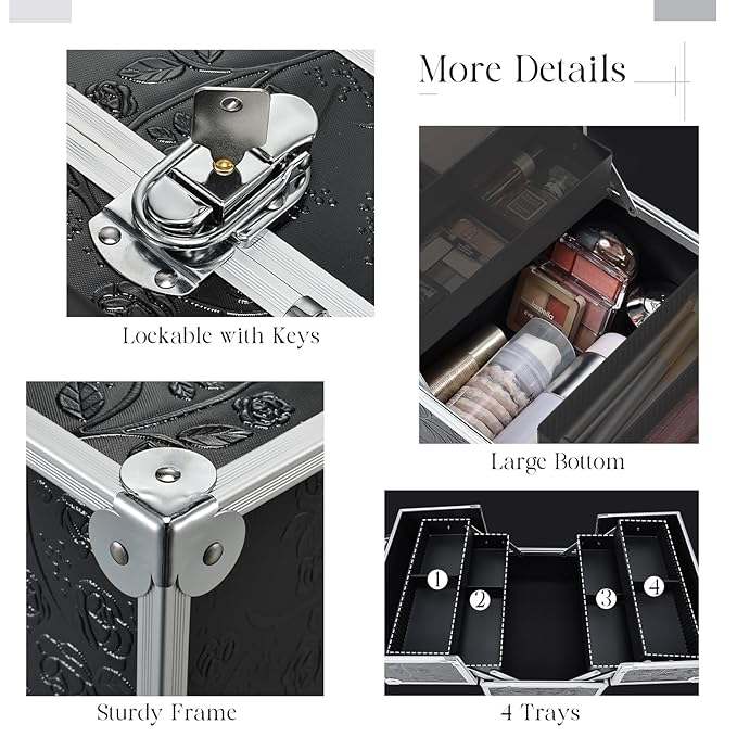 FRENESSA Makeup Train Case Cosmetic Box Portable Makeup Case Organizer 4 Trays Travel Case Storage with Dividers Lockable for Make up Artist Crafter Nail Kits Tools Black Floral