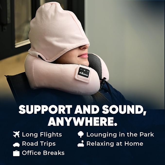 Bluetooth Music Semicircular Neck Pillow with Hood Wireless Bluetooth Speaker Suitable Airplane,Car,Office,and Outdoor Camping for Sleeping, Resting The Best Travel Essentials. (Pink)