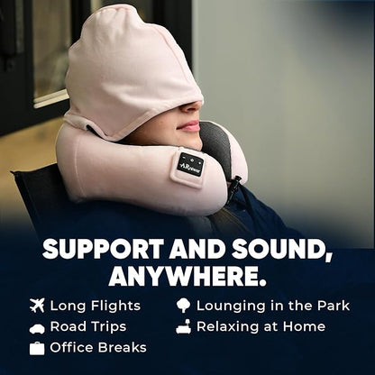 Bluetooth Music Semicircular Neck Pillow with Hood Wireless Bluetooth Speaker Suitable Airplane,Car,Office,and Outdoor Camping for Sleeping, Resting The Best Travel Essentials. (Pink)