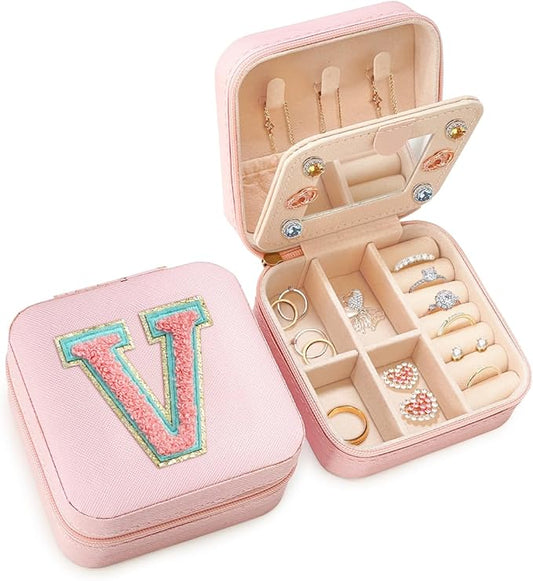SANDJEST Personalized Jewelry Box, Pink Travel Jewelry Box with Initial V, Small Monogrammed Jewelry Case Organizer for Girls Women Teen Kids, Mini Travel Essentials Gifts for Birthday Christmas