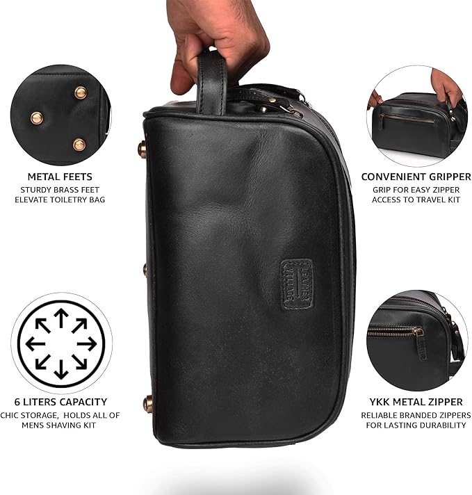 LEATHER VILLAGE Premium Leather Toiletry Travel Pouch With Waterproof Lining - Black | King-Size Handcrafted Vintage Dopp Kit Bag, Shaving & Bathroom Organizer, Gift for Men & Women