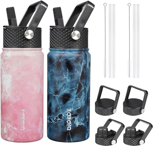 BJPKPK 2 Pack Insulated Water Bottles with Straw Lids, 18oz Stainless Steel Metal Water Bottle with 6 Lids, Leak Proof BPA Free Jugs, Cups, Flasks for Travel, Sports (Blossom+Ocean)
