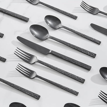 KINGSTONE 20 Pcs Black Hammered Silverware Set for 4, 18/10 Stainless Steel Heavy Duty Flatware Set, Tableware Cutlery Utensil Sets for Home Restaurant Dishwasher Safe