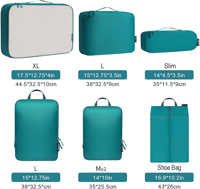 Bagail Ultralight Compression Cubes 7 Set - 3 Packing Cubes, 3 Organizers, and 1 Shoe Bag