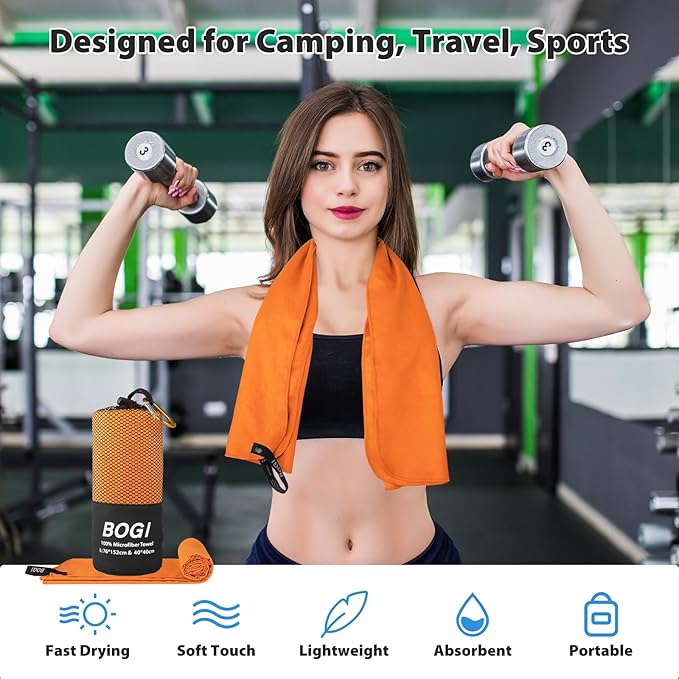 BOGI Microfiber Travel Sports Towel - Quick Dry, Soft Lightweight, Compact for Camping, Gym, Yoga, Swimming, Backpacking (L:60''x30''+16''x16'' - Orange)