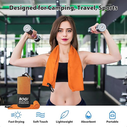 BOGI Microfiber Travel Sports Towel - Quick Dry, Soft Lightweight, Compact for Camping, Gym, Yoga, Swimming, Backpacking (L:60''x30''+16''x16'' - Orange)