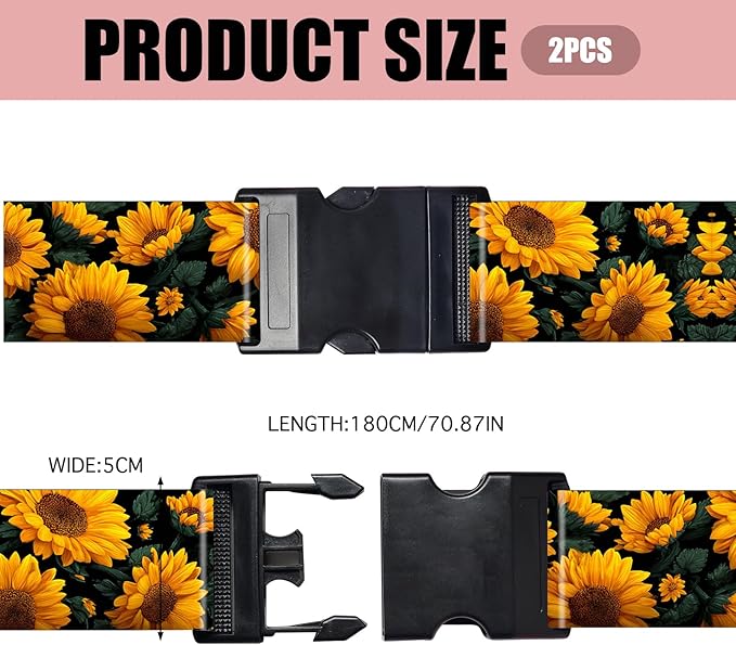 Nuxovilar Luggage Straps of 2 Set Sunflower Pattern, 1.96x90.5 inches - Luggage Straps for Suitcases, Ideal for Nature Trips, Outdoor Journeys, Daily Use