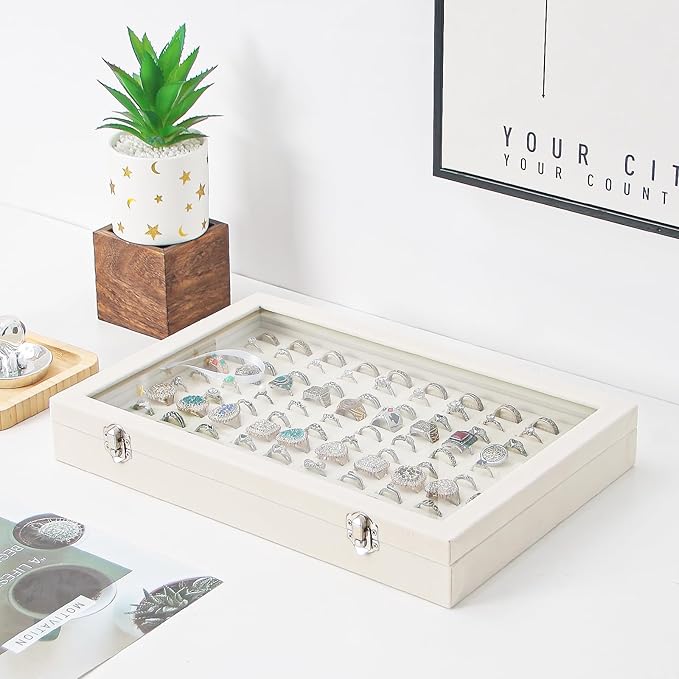 Coward Ring Organizer Jewelry Box, Beige Velvet 100 Slots Ring Display Tray Case with Transparent Glass Lid for Home Use or Store Selling Show