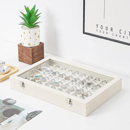 Coward Ring Organizer Jewelry Box, Beige Velvet 100 Slots Ring Display Tray Case with Transparent Glass Lid for Home Use or Store Selling Show