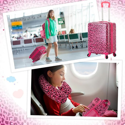 Redbaker 6 Pcs Kids Luggage Set 17 Inch Kids Rolling Luggage Double Pattern Suitcase for Girls Boys School Gift(Hot Pink,Leopard Print Style)