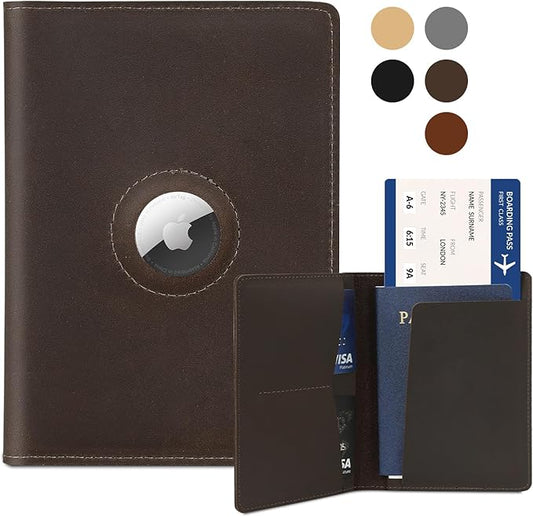 Airtag Passport Holder for Men and Women Travel, Real Leather Passport Wallet, Handmade Passport Cover Case with Airtag Slot, Travel Must Haves Essentials Accessories Birthday Gift(Crazy Horse,Coffee)