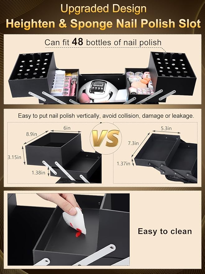 Deciniee Large Makeup Travel Train Case, Upgraded Plus Size Nail Supply Organizers and Storage for Nail Tech, Black 4 Tier Cosmetic Train Case Makeup Box, Nail Polish Makeup Organizer and Storage Bag