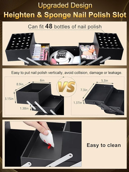 Deciniee Large Makeup Travel Train Case, Upgraded Plus Size Nail Supply Organizers and Storage for Nail Tech, Black 4 Tier Cosmetic Train Case Makeup Box, Nail Polish Makeup Organizer and Storage Bag