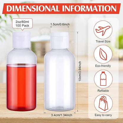 Eccliy 100 Pack 2 oz Travel Bottles Plastic Bottles with Lids Refillable Travel Size Cover Cap Plastic Liquid container for Toiletries Lotions Shampoo Creams Dispensing with 5 Funnels(Clear)