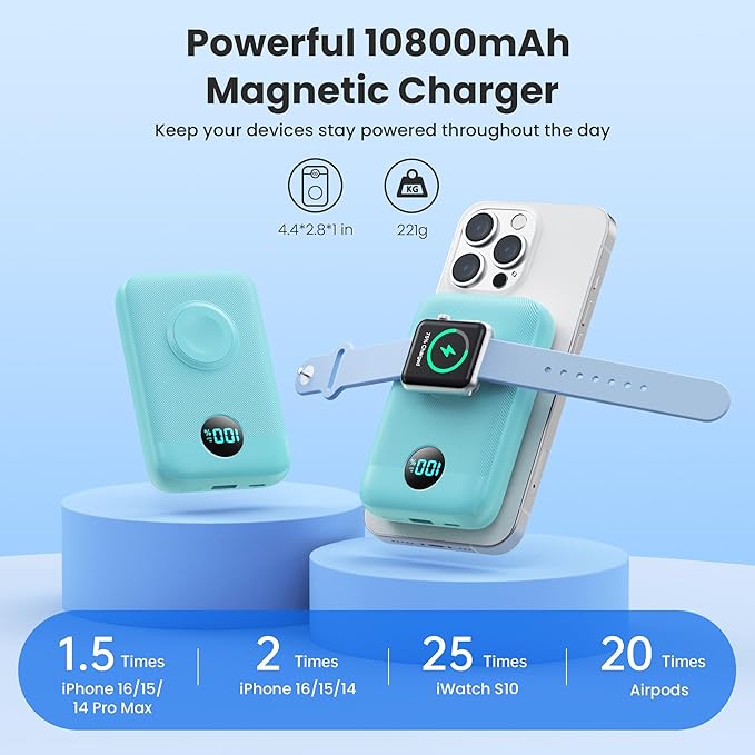 Magnetic Portable Charger for iPhone,10800mAh 4-in-1 Power Bank with iWatch Charger,25W PD Fast Charging Battery Pack for Magsafe,iPhone 17/16/15/14/13/12 Series,Apple Watch,Travel Essential,Green