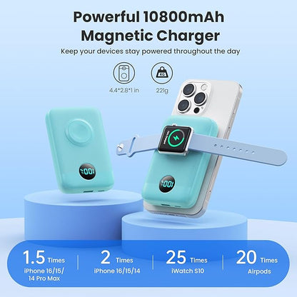 Magnetic Portable Charger for iPhone,10800mAh 4-in-1 Power Bank with iWatch Charger,25W PD Fast Charging Battery Pack for Magsafe,iPhone 17/16/15/14/13/12 Series,Apple Watch,Travel Essential,Green