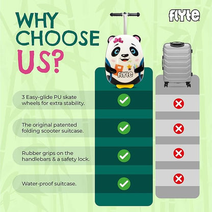 FLYTE Scooter Suitcase Folding Kids Luggage – Penni the Panda, 18 Inch Hardshell, Ride On with Wheels, 2-in-1, 25 Litre Capacity