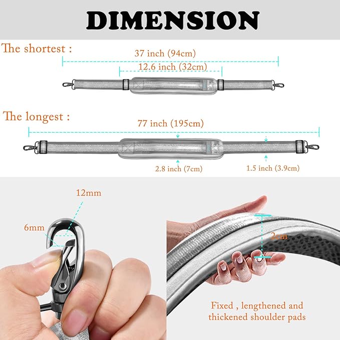 ZINZ 77 Inch Shoulder Strap Univesal Bag Strap with Fixed Pad Ultra Thick Plus Long & Breathable Cushion, Replacement Strap for Bags,Gray Silver