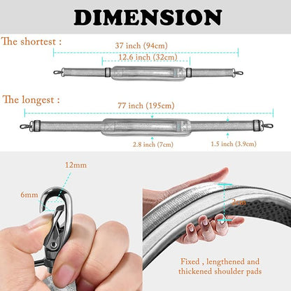 ZINZ 77 Inch Shoulder Strap Univesal Bag Strap with Fixed Pad Ultra Thick Plus Long & Breathable Cushion, Replacement Strap for Bags,Gray Silver