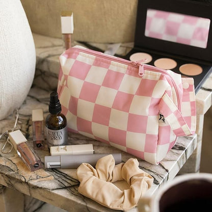 Tiny Twinkle Waterproof Travel Toiletry & Makeup Bag Organizer | Large Capacity Cosmetic Case with Compartments & Handle, A Thoughtful Travel Companion for Women（Pink Checkers