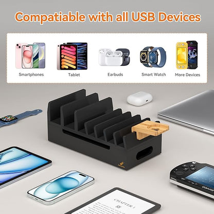 Pezin & Hulin Bamboo Charging Station with Watch Stand, Docking Holder for Multi Device with 5 Port USB Charger HUB, 5 Charge Cables, Desktop Electronic Organizer for Cellphone, Tablet, Watch-Black