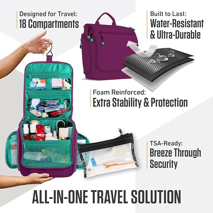 VENTURE 4TH Hanging Travel Toiletry Bag for Women & Men - Travel Organizer with Expandable Compartments & Removable Clear Pouch for Toiletries (Purple/Mint)