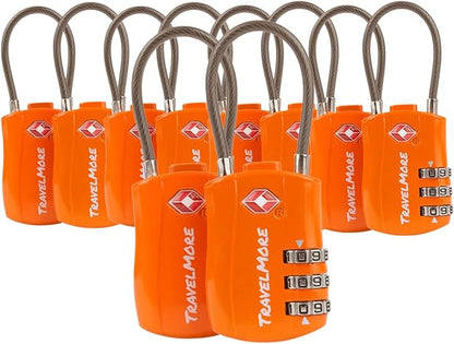 TravelMore 10 Pack TSA Approved Travel Combination Cable Luggage Locks for Suitcases - Orange