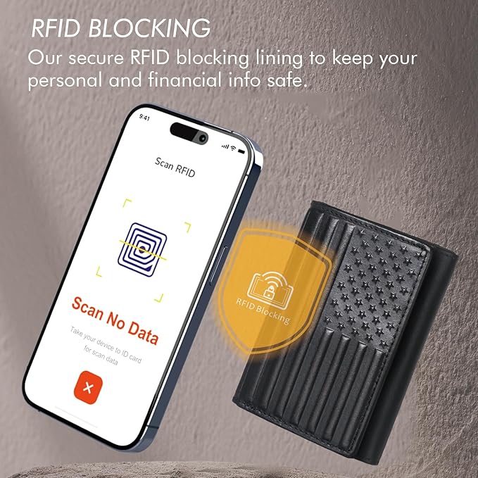 Trifold Leather Wallet for Men RFID Blocking – Mens Trifold Wallet Leather with 12 Card Slots, Gift for Men, American Flag Wallet Black