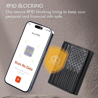 Trifold Leather Wallet for Men RFID Blocking – Mens Trifold Wallet Leather with 12 Card Slots, Gift for Men, American Flag Wallet Black