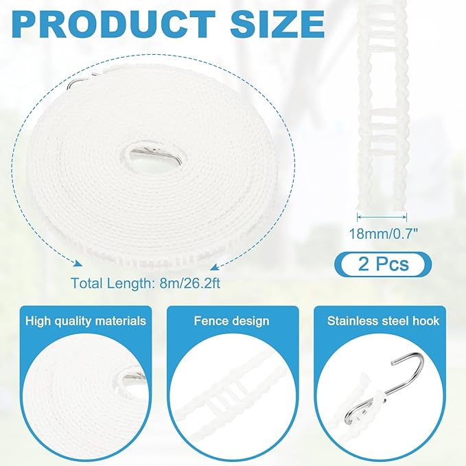 uxcell 2 Pcs Portable Travel Clothesline, 26.2ft Clothes Line Outdoors Travel Hanger Foldable Clothesline Rope with Hooks for Camping Hotel Backyard Home Cruise Ship, White