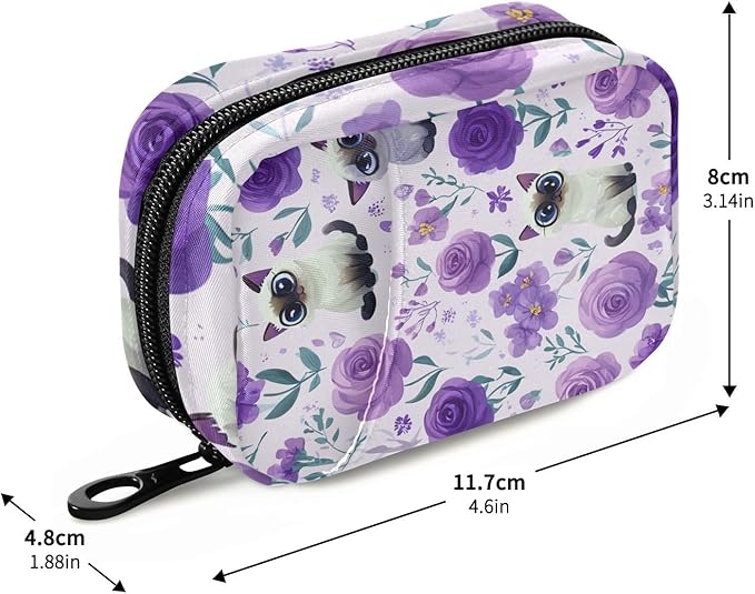 Purple Floral Cute Cats Travel Pill Organizer Case Box Container Weekly Portable Vitamin Medicine Holder Storage Bag with Zipper Removable