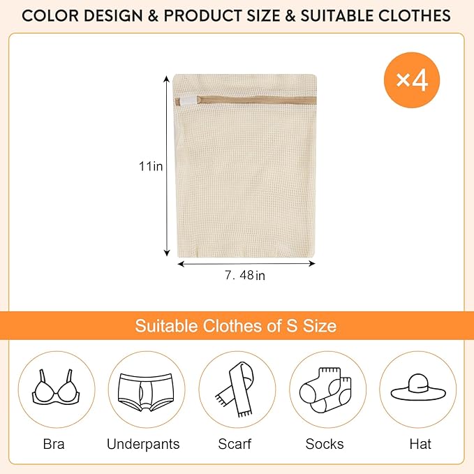 4 Piece Small, Durable Organic Cotton Mesh Laundry Bag with Strong Zipper and Breathable Mesh, Delicate Laundry Bag for Underwear, Clothes, Pants and Socks