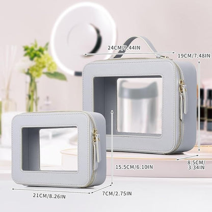 Pinkmik Clear Makeup Bag for Women Waterproof Travel Cosmetics and Toiletries Case Portable Makeup Oaganizer Bag Clear Car Bag with Zipper (Gray, M+L)