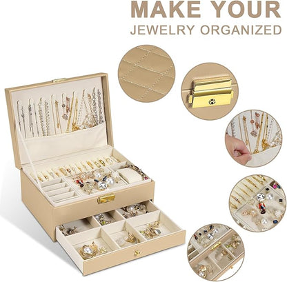 GUOER Jewelry Box for Women Girl Wife - Large PU Leather Jewelry Organizer Storage Case with Two Layers Display for Earrings Bracelets Rings Watches (Champagne)