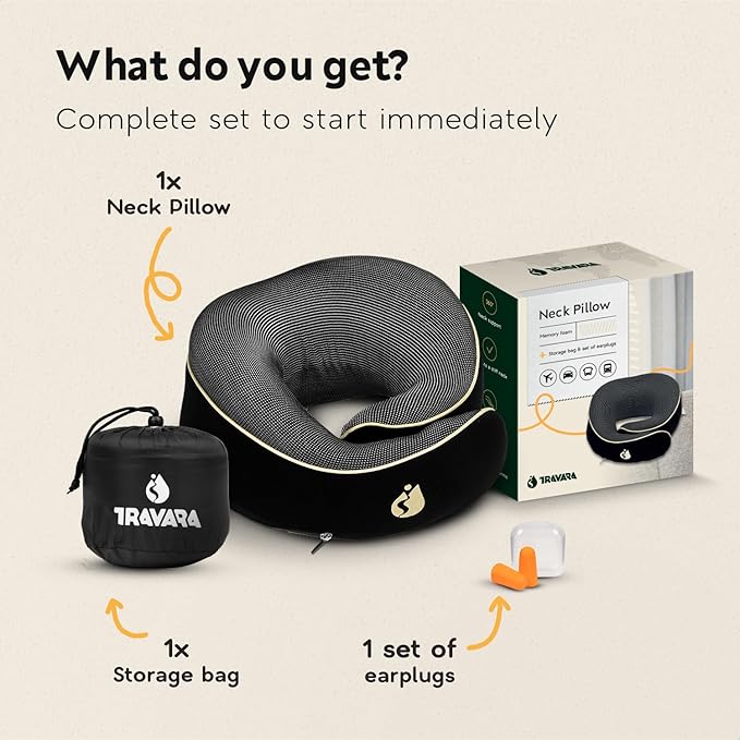 Travel Pillow - Airplane Neck Pillow with 360° Support - 100% Pure Memory Foam Flight Pillow for Sleeping on Airplanes - Travel Neck Pillow for Traveling