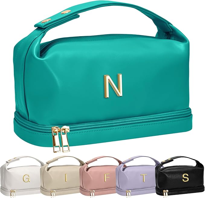 Young Women Gift Ideas, Personalized Makeup Bag with Handle, Initial Double Layer Cosmetic Bag with Makeup Brush Organizer, Cute Cosmetic Pouch for Women, Gifts for Friend Female Mom