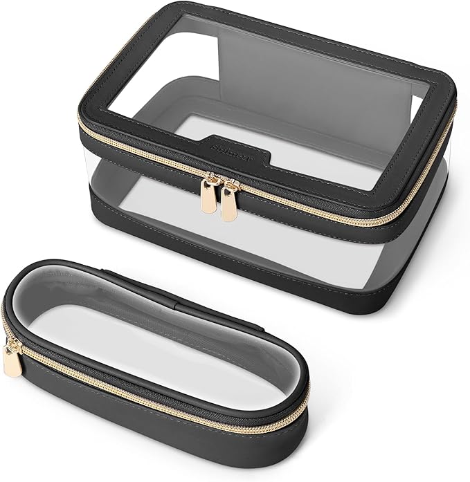 Travel Clear Makeup Bag with Makeup Brush Bag, Leather Makeup Case Toiletry Bag, Portable Cosmetic Bag Case, Transparent Waterproof Cosmetic Organizer Storage Bag for Women, Medium, Black