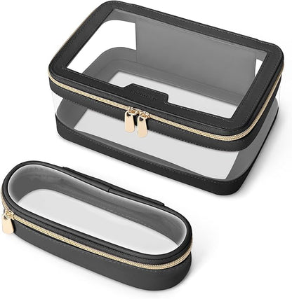 Travel Clear Makeup Bag with Makeup Brush Bag, Leather Makeup Case Toiletry Bag, Portable Cosmetic Bag Case, Transparent Waterproof Cosmetic Organizer Storage Bag for Women, Medium, Black